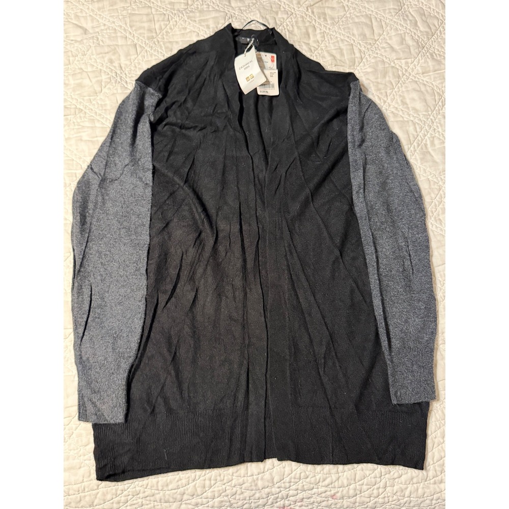 Uniqlo Stole Cardigan Women Medium Black 100% Cashmere Colorblock Open Front